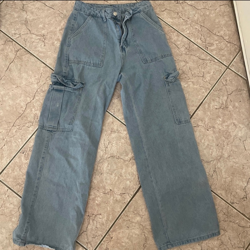 Shein Jeans Womens Small Blue Casual Cargo Straight Pants Cotton Blend Ladies
